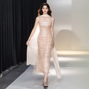 Robe de soirée à franges et paillettes, champagne, sans manches, col <span class=keywords><strong>carré</strong></span>, longue robe de soirée pour femmes avec écharpe en soie - Product Image 5
