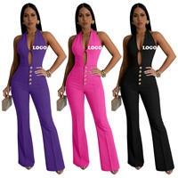 Combinaison Femme Halter à Décolleté Plongeant et Découpes, Sans Manches, Pantalon Évasé, Boutonnée, Taille Haute, Coupe Slim, Tendance, Logo Personnalisé