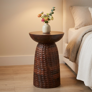 23 Inch Contemporary Mango Wood <b>Tall</b> Accent Side Table Dark Brown Handcrafted Textured <b>Stool</b> for Living Room Bedroom Entryway - Product Image 1