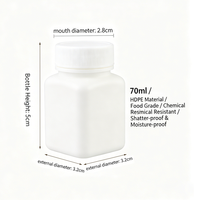 Bouteille de stockage carrée opaque en PEHD de 70 ml, blanche, à couvercle à vis côtelé, pour l'emballage de pilules, capsules, granulés, poudres et échantillons chimiques