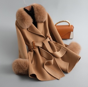 Abrigo de Cachemira negro al por mayor de fábrica con puños de cuello de piel de zorro Real, abrigo de piel elegante para mujer, gabardina mediana de lana - Product Image 5