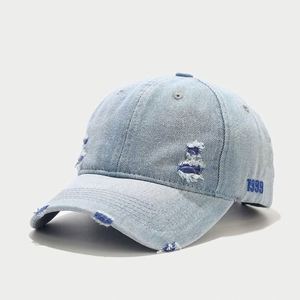 Casquette de baseball unisexe en jean délavé, personnalisable avec logo, style vintage bleu clair, vente en gros - Product Image 6