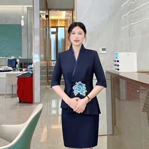 Conjuntos de Falda y Chaqueta para <span class=keywords><strong>Mujer</strong></span>, Ropa de Oficina, Azul Marino, Poliéster, Prendas Corporativas, OEM, ODM - Product Image 3