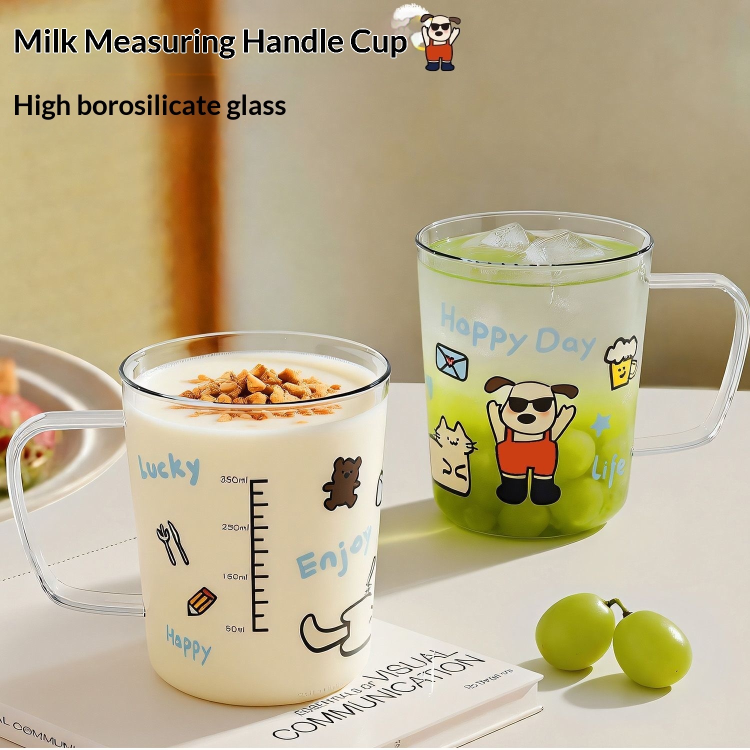 Cartoon Design High Borosilicate Glass Coffee Milk Cup Explosion-proof Portable Heatable Handle Microwave Safe Dishwasher Safe