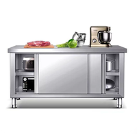 Plan de travail de cuisine commerciale en acier inoxydable épais avec armoire de rangement fermée, table de préparation alimentaire robuste, personnalisable