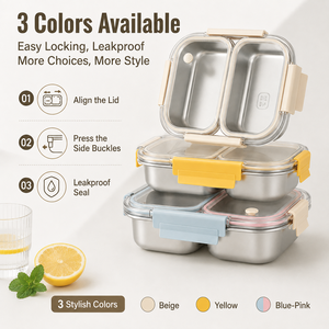 304 Stainless Steel <b>Lunch</b> <b>Box</b> 2 Compartments Leakproof Seal Lid Rectangle Shape Stackable Modern Design Beige Yellow Blue-<b>Pink</b> - Product Image 1