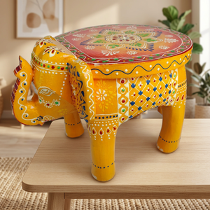 Handcrafted Wooden <b>Elephant</b> Stool Bohemian <b>Decor</b> Art Deco Design Yellow Color Animal Pattern Home Decoration - Product Image 2