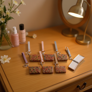 Specchietto tascabile quadrato con motivo a corteccia d'albero floreale 6,3x8,6 cm, specchio cosmetico con cinturino per donna - Product Image 2