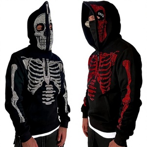 Mens Black <b>Skeleton</b> Rhinestone Embroidered Winter Zip up Skull Graphic <b>Hoodie</b> Streetwear Y2K Fashion - Product Image 1