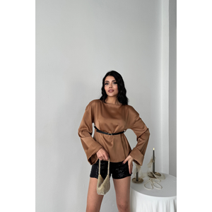 เสื้อเบลาส์ผ้าซาตินผูกเอวสำหรับผู้หญิง สไตล์ชิค ใส่ได้ทั้งแบบทางการและลำลอง ทรงยาว สีน้ำตาลล้วน ไซส์ XL เหมาะสำหรับใส่ทำงานในฤดูใบไม้ผลิ/ฤดูใบไม้ร่วง - Product Image 4