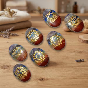 Oval Gemstone <b>Chakra</b> Stones Gold Engraved Symbols Polished Reiki Art Collectibles Seven <b>Chakra</b> Bonded <b>Set</b> <b>Crystal</b> Export Gujarat - Product Image 2