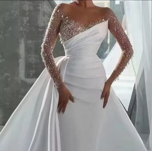 فساتين زفاف حورية البحر مصنوعة في الجمارك بأكمام طويلة أنيقة من الساتان فستان زفاف - Product Image 2