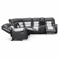 Canapé d'angle moderne en cuir 5 places avec fonction inclinable manuelle, console de rangement et porte-gobelets
