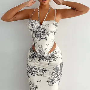 Classical Compression Printed Two Piece Outfit Suit Sleeveless Tops and Short Skirts for Women's Suit
