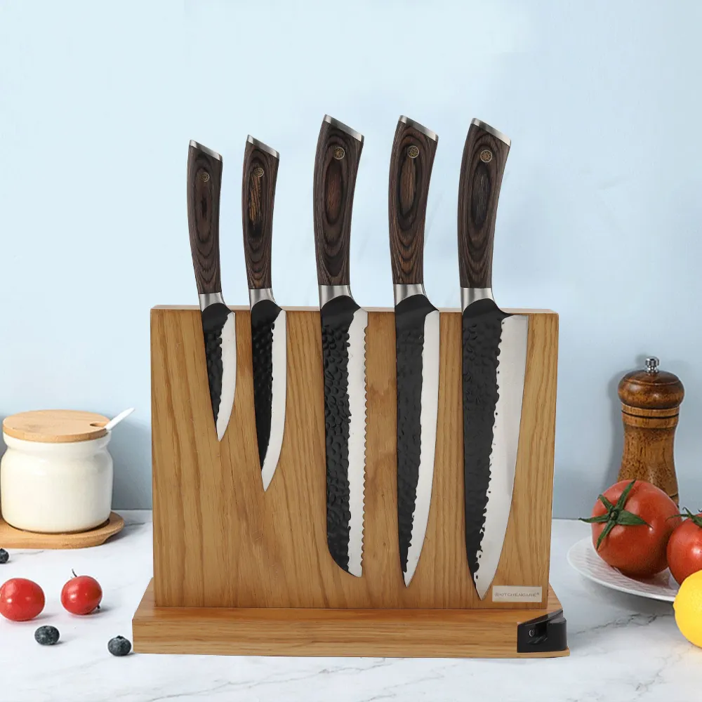 KITCHENCARE wholesale kitchen knife holder acacia wood magnetic knife block with sharpener