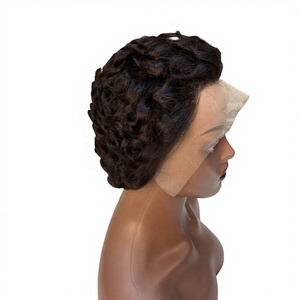 Perruques en <span class=keywords><strong>cheveux</strong></span> humains brésiliens en gros, courtes, avec dentelle frontale coupée, petites, sans colle, pré-épilées, frisées, avec <span class=keywords><strong>frange</strong></span>, noir naturel pour - Product Image 2