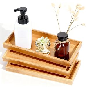Bandeja de almacenamiento de bambú, organizador de escritorio multiusos de madera maciza rectangular para alimentos, artículos de cuidado personal, color marrón claro - Product Image 1