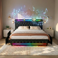Lit plateforme rembourré intelligent avec synchronisation musicale contrôlée par application, éclairage coloré, audio Bluetooth double et panier roulant sous le lit