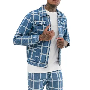 Bulk wholesale custom mens two pockets oversized denim blue jean denim print plaid jackets