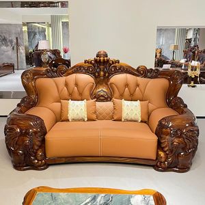 Luxury Ebony Hand Carved European Design Sectional Leather <b>Sofa</b> Set for Apartment & <b>Hotel</b> - Product Image 3