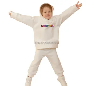 Custom Logo Meisjes Trainingspakken Peuter Kids Dikke Katoenen Sweatsuit Vlakte Witte Hoodie En Joggingbroek Set