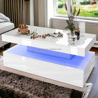 Table basse de salon blanche haute brillance avec lumières LED RVB 2 tiroirs de rangement pour meubles de bureau à domicile