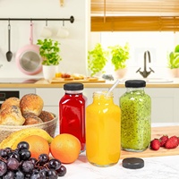Bouteille en verre réutilisable transparente de 480 ml, forme carrée, pour jus ou lait, avec couvercle noir