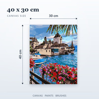 Kit de peinture par numéros Paysage de village en bord de lac avec château et bateau 40x30cm Peintures acryliques Pinceaux Toile numérotée Décoration murale Cadeau