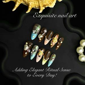 Unghie Finte Francesi Artigianali 3D Intagliate e Dipinte a Mano, Stile Europeo Americano Almond Island Nightingale, Rimovibili - Product Image 2