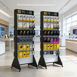 Supports de présentation au sol en métal pour accessoires de téléphonie mobile double face avec crochets et roulettes, rangement roulant pour les magasins de détail - Product Image 1