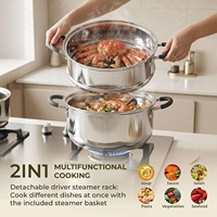 Casserole vapeur 3 pièces en acier inoxydable écologique avec couvercle en verre, panier à 2 niveaux, compatible induction, passe au lave-vaisselle et au four