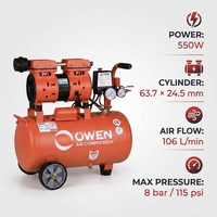 Compresseur d'air silencieux sans huile OWEN certifié CE TUV, haute qualité, portable, avec réservoir et moteur à piston alimenté par courant alternatif