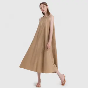High Quality Clothing Manufacturers Womens Office Elegant O Neck Solid Color Sleeveless Loose Long Casual Dresses