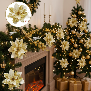 50 Piezas de Flores de Poinsettia con Brillantina, Clips Artificiales para Decoración Navideña, Adornos para Guirnaldas y Coronas, Decoraciones Festivas - Product Image 3