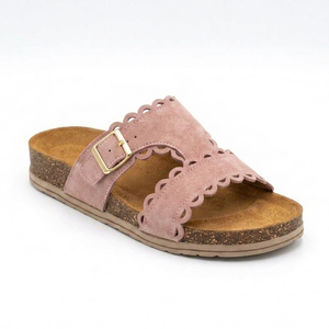 Sandales plates en daim rose à bout ouvert avec boucle et semelle en liège – Chaussures d'été - Product Image 1