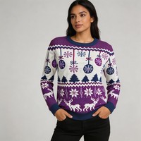 Pull jacquard de Noël pour femme, col rond, tricoté, manches longues, style nordique, pour les fêtes