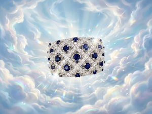 Bague large en or 18 carats sertie de saphirs bleus et de diamants naturels, bijou de luxe pour femme, bicolore multicolore, joaillerie fine. - Product Image 5