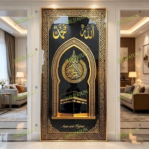 Art mural islamique <span class=keywords><strong>opulent</strong></span> noir et or avec calligraphie Kaaba <span class=keywords><strong>Ayat</strong></span> Al-Kursi, décoration de maison musulmane, peinture en porcelaine à LED et cristaux - Product Image 4