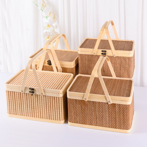Bamboo Woven Gift Boxes Rectangular With Handles For Fruits <b>Eggs</b> And Meat <b>Storage</b> - Product Image 1