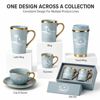 Mug à café en céramique bleu pâle de qualité supérieure avec anse à bord doré, motif Nuit du désert, palmier, lune, personnalisable OEM ODM, cadeau, vente en gros