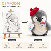 Pingouin en peluche artiste avec béret et palette de peinture, jouet en peluche gris doux, cadeau