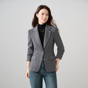 Grey Wool Blazer For Women Slim Fit Solid Color Anti-Wrinkle Autumn Winter Jacket - Product Image 1