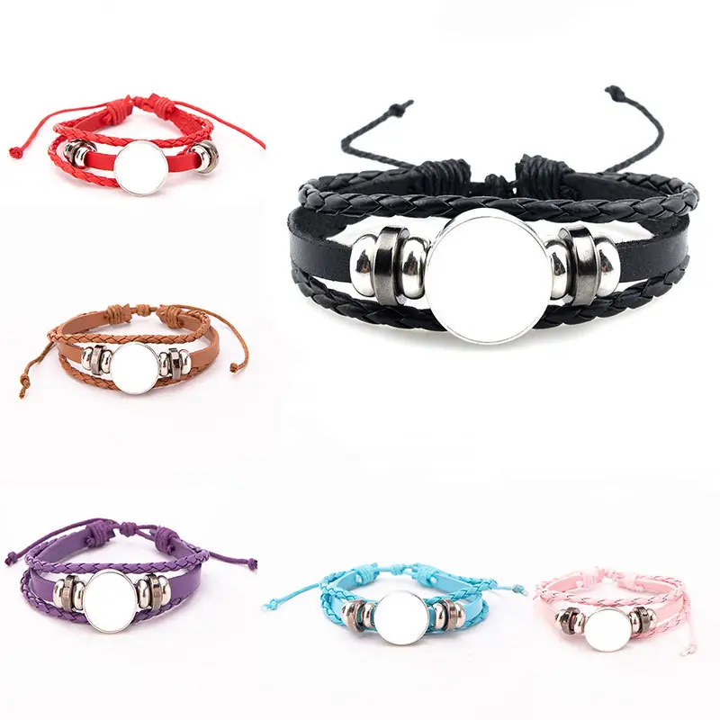 Wholesale Popular Unisex Jewelry Customized Sublimation Blank Colorful Braided Leather Bracelet for DIY