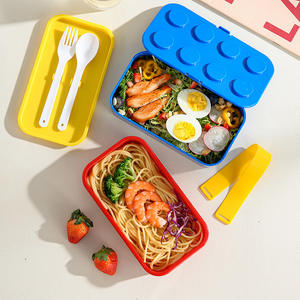 Creative Building Block Bento Box Rectangle Plastic Lid With Straps <b>Microwaveable</b> For Children Students Office Workers - Product Image 3