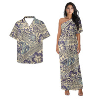 Ensemble de tenues assorties pour couple polynésien vintage noir, style Hawaïen Luau, comprenant une robe imprimée Puletasi samoan à une épaule et une chemise pour homme