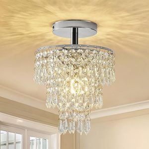 Petit lustre en cristal, luminaire de plafond encastré, gouttes de pluie en cristal, base E26, mini lustre idéal pour la chambre à coucher, le salon - Product Image 1