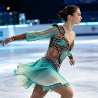 Robe de patinage artistique sur mesure vert menthe dégradé à manches longues avec strass, costume de concours de danse sur glace pour filles et femmes