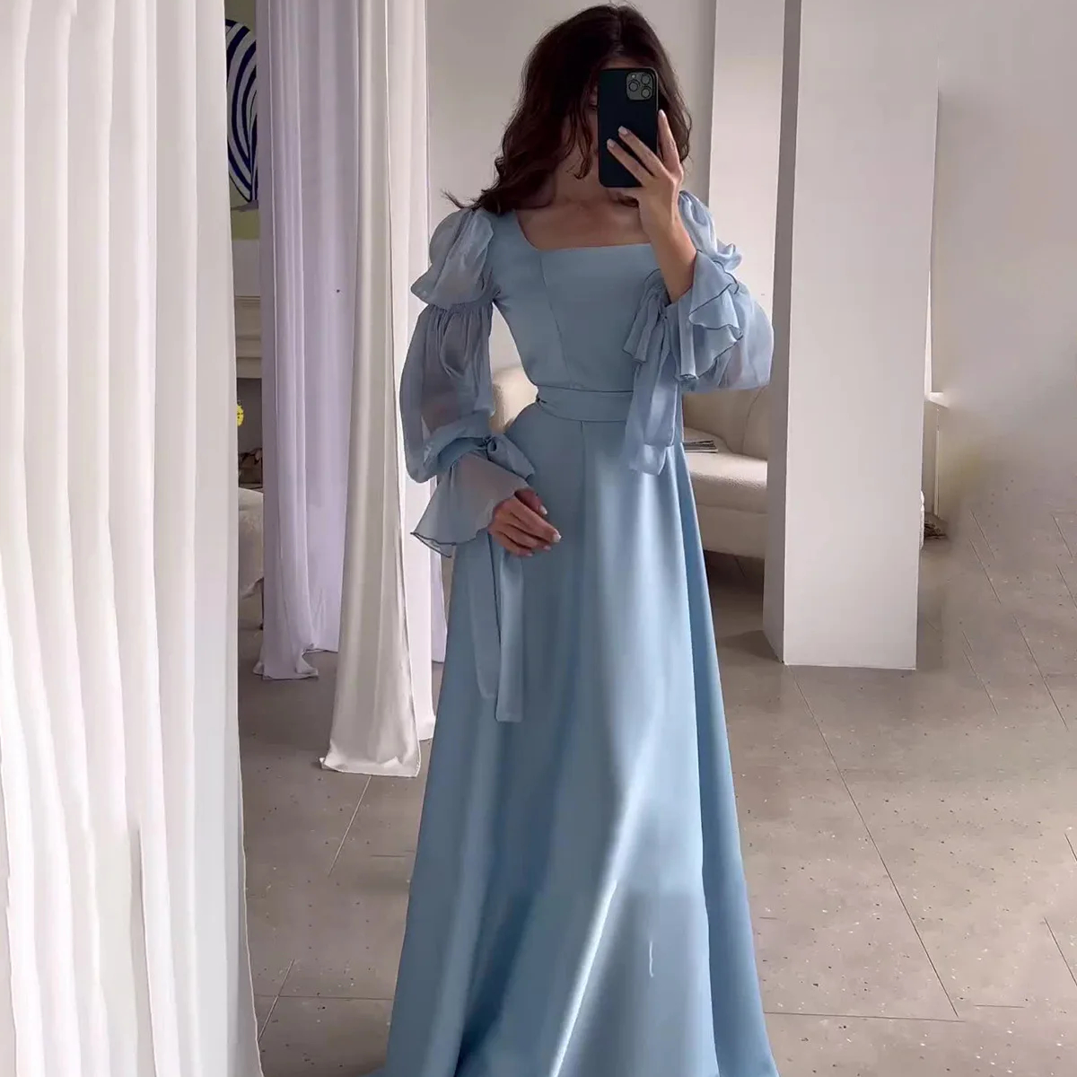 knee length dresses for ladies Bright Blue Floral Print And Mesh Puff Sleeve Maxi Dress – Aquarius Brand main image 1