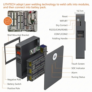 แบตเตอรี่เก็บพลังงานสำหรับบ้านประสิทธิภาพการชาร์จ-ดิสชาร์จสูง 51.2V 50AH 100AH 200AH 400AH แบบติดผนัง CAN HP1500K BMS LiFePO4 - Product Image 5