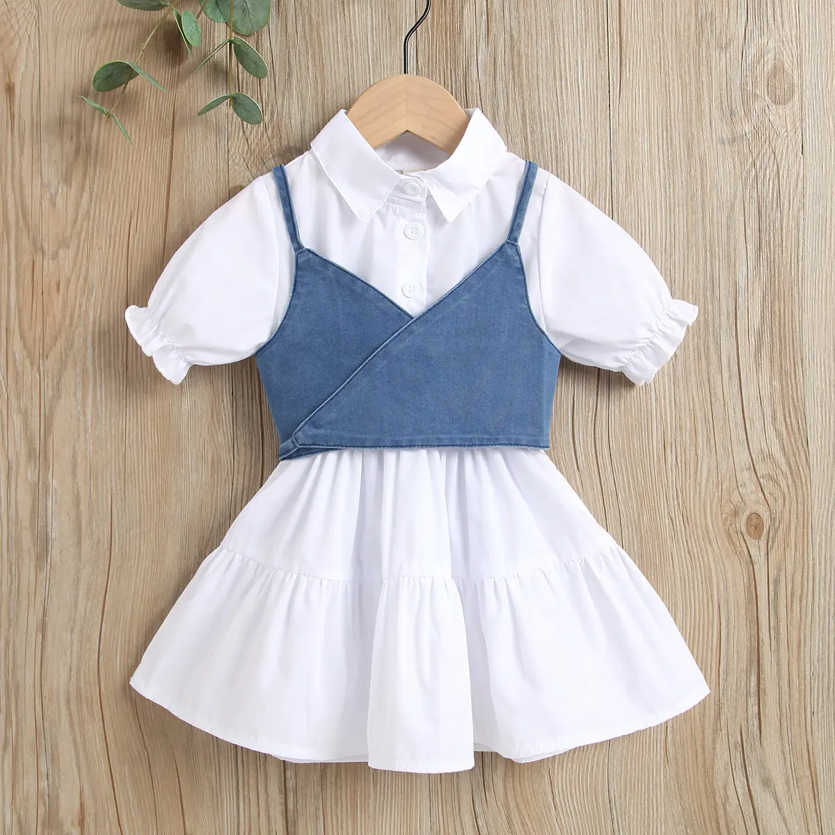 Vestido blanco de manga corta con tirantes azules para niñas, ropa de moda para bebés de 1 a 5 años, novedad de verano de 2021